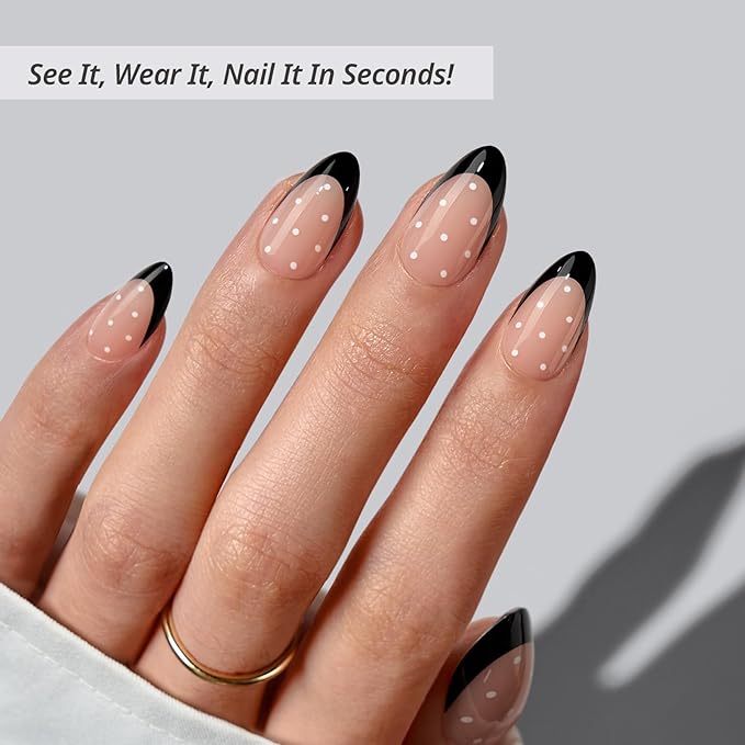 BTArtbox Press On Nails Short - Dot Couture, Lamp-Curable Almond Black French Tip Press On Nails with Glue and Adhesive Tabs for Women, Soft Gel Glue On Nails in 16 Sizes - 32 Stick On Nails Kit