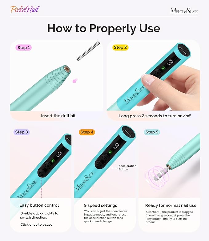 MelodySusie PocketNail Pen-Shaped Cordless Modular Nail Drill, Extended Kit, PC100GR 20000RPM Slim Portable Rechargeable Electric File for Nail Care & Gel Removal at Home for Beginners, Light Blue