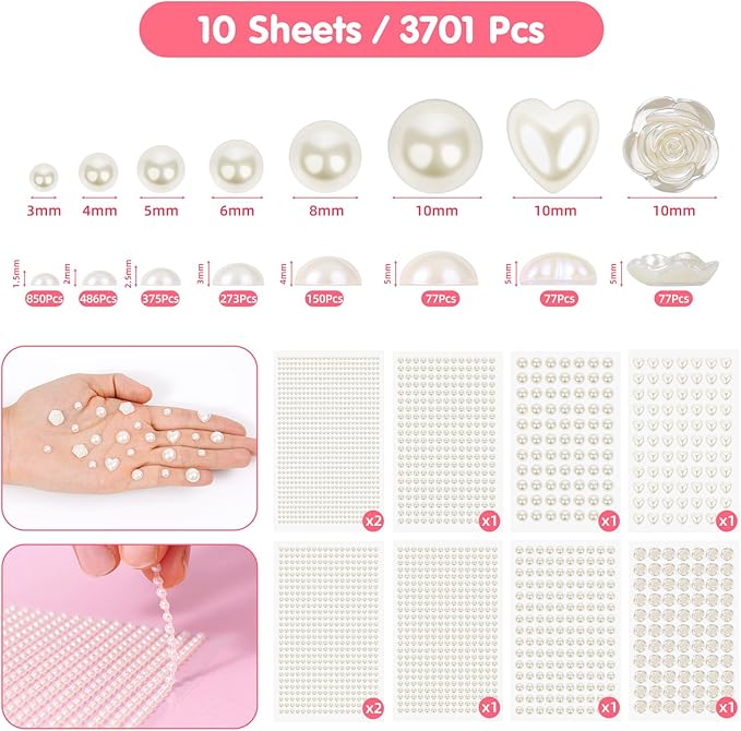 3701PCS Pearl Stickers Pearls for Crafting - Self Adhesive Pearls for Hair Face Makeup Eye Nail Crafts, Stick On Gems (White, Assorted Sizes)