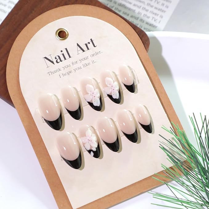 Short Almond Press on Nails French Tip Fake Nails Black False Nails with 3D Nude Flowers Designs Artificial Nails Cute Handmade NailsFloral Stick on Nails for Women 24pcs