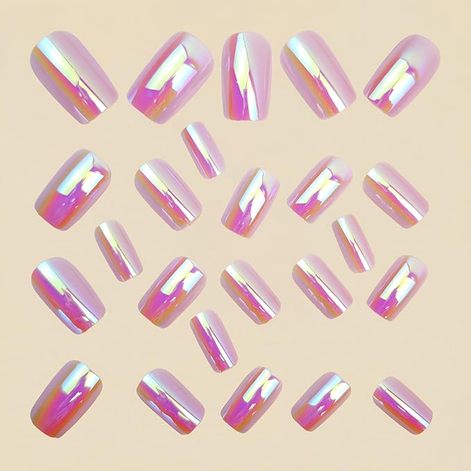 Chrome Press on Nails Medium Square Fake Nails Press ons with Glossy Holographic Gradient Acrylic Nails Metal Chrome False Nails Shiny Full Cover Glue on Nail for Women Manicure 24Pcs
