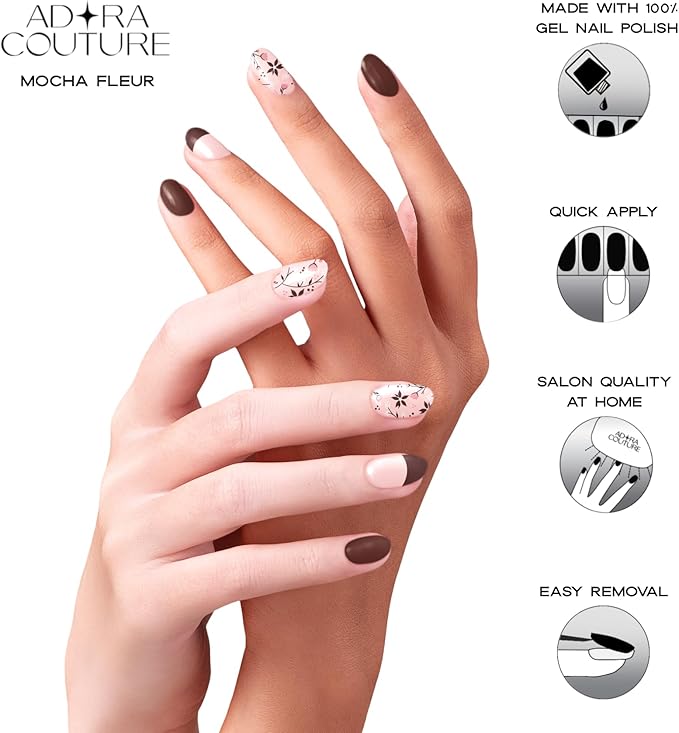 Semi Cured Gel Nail Strips with 30 Pieces - Salon Quality Manicure Kit for Women Easy Application Wraps Includes Prep Pads Nail File Wooden Stick, UV Light Required - Mocha Fleur