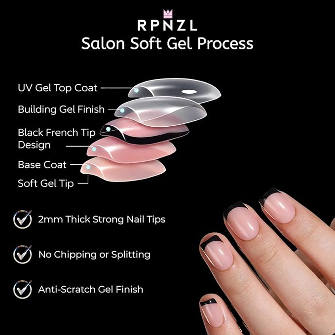 Press On Nails - Eclipse | Black French Tip, UV Finish Short Square Nails, Reusable | 32 Nails, 16 Sizes Kit with Glue and Adhesive Tabs I Female Founded
