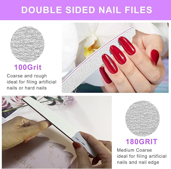 20PCS Nail File Buffer Set for Natural Nails,100 180 Grit Nail File,4 Sides 120 Grit Sanding Buffer Nail Block for Gel Acrylic Nails Professional Manicure Tool,Purple