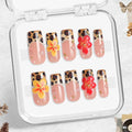 Leopard French Press-On Nails 10pcs, Handmade Acrylic Square Tips with 3D Blossom Flowers, Reusable Full Cover Nail Set for Trendy Everyday Style – Appife