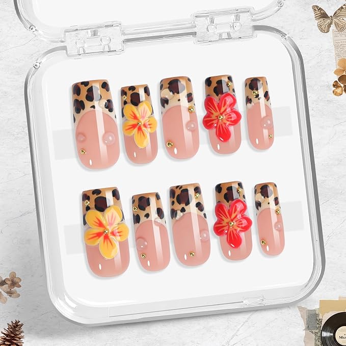 Leopard French Press-On Nails 10pcs, Handmade Acrylic Square Tips with 3D Blossom Flowers, Reusable Full Cover Nail Set for Trendy Everyday Style – Appife