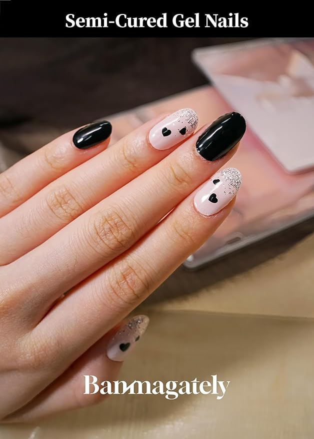 Semi Cured Gel Nail Strips, 20Pcs Long Lasting Salon Quality Wraps, Easy Apply & Remove Gel Nail Stickers with UV Light (Velvet Glitter Hearts Pink)