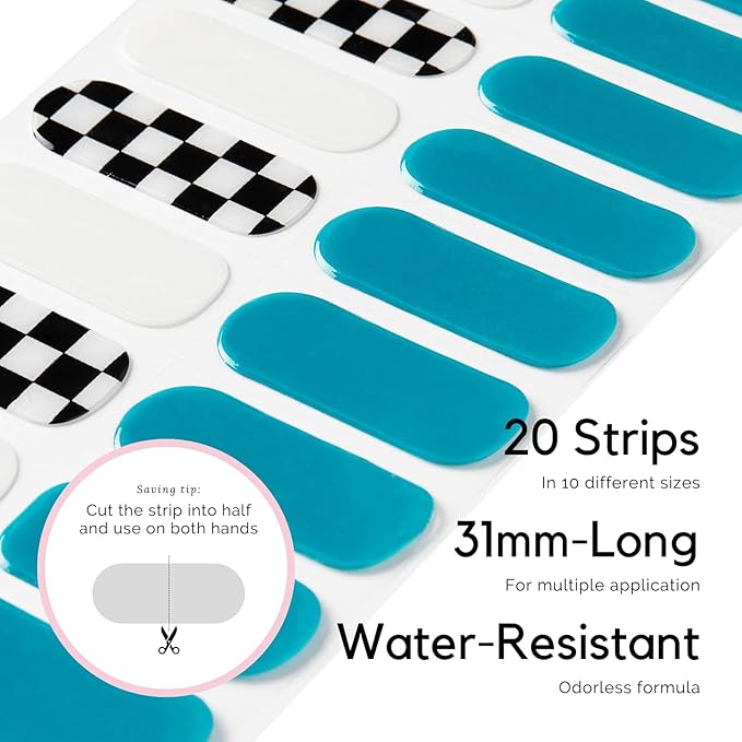 NAILOG Semi Cured Gel Nail Strips (20 Extra Long Checkered Polish Stickers/Wraps) │ Glossy & Long Lasting Soft Gel Finishing (Full Speed)