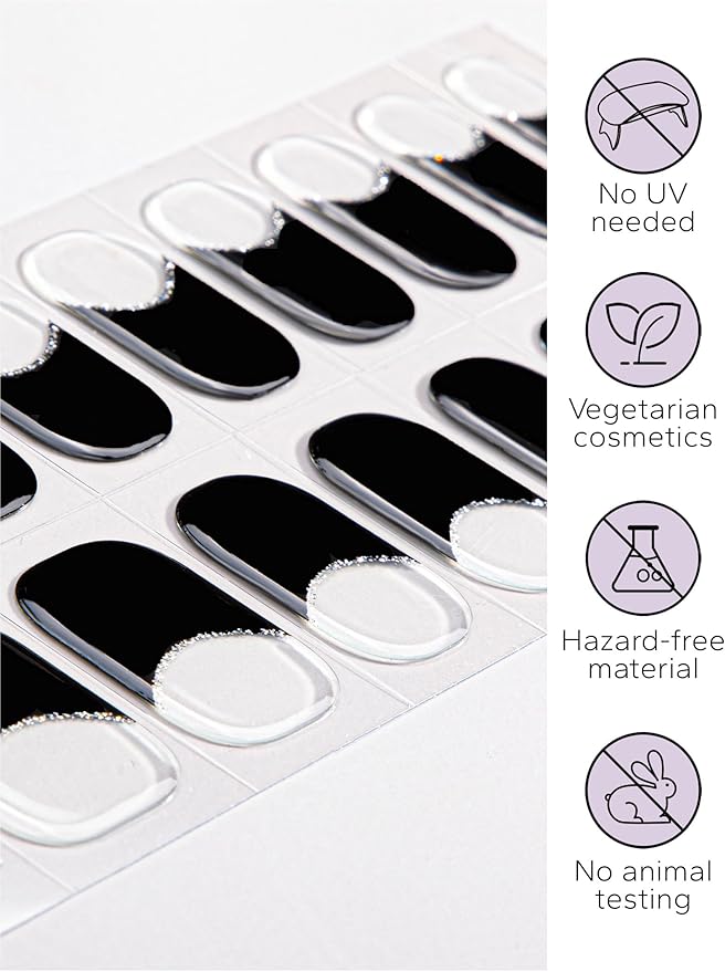 Nail Polish Strips – 32PCS UV Free Salon Quality Wraps, Long Lasting Gel Nail Stickers for Women (French Luxe Black)
