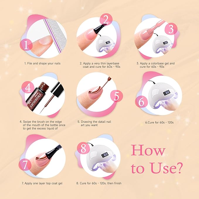 TWOEIGHT Gel Nail Polish Liner Nail Art 12 Colors 8ml UV Lamp Soak-off Polishes Pigmented Autumn Winter Brown Wine Red Collection Thin Brush in Bottle Manicure DIY at Home Salon