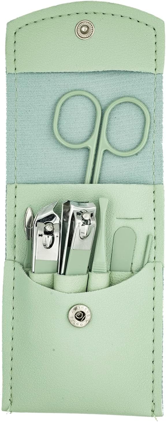 Nail Clipper Set, 7PCS Manicure Set Fingernail Clippers Kit Fashion Color Green Stainless Steel Pedicure and Manicure Kit with Green PU Leather Case