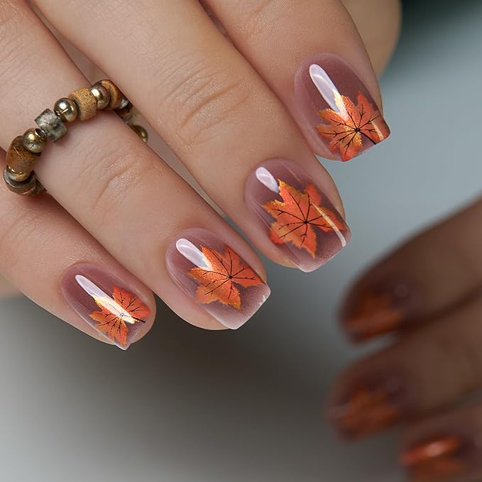 CurvLife Fall Press On Nails Short Oval Maple Leaf Design – Soft Gel Salon Quality False Nails Fake Nails with Glue, Long Lasting Daily Nail Tips for Women