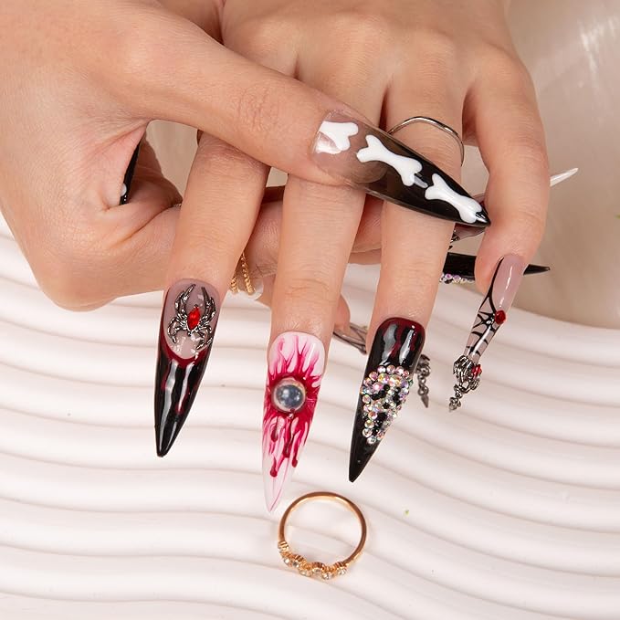 LOVFUL Press on Nails Final Destination | Handmade with Full Covered Crystals | Reusable Full Cover Nails | Stiletto Mid Length 1.7 in | H133-L