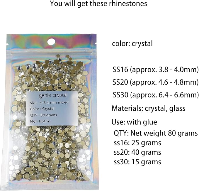 Genie Crystal 4,5,6.4 mm Mixed Size Flatback Rhinestones 80 Grams, ss16,ss20,ss30 Crystal Rhinestone for Tumbler, Shoes, Nail Art, Dance Costumes, DIY Bling Crafts