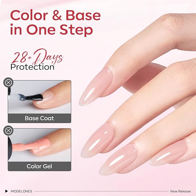 modelones Rubber Base Builder Nail Gel Polish, 6 Color Clear Nude Milky Baby Pink Jelly Brown 6 in One Strengthener Apex Building Extension for Weak Nails Long Last U V French Manicure Gift for Women