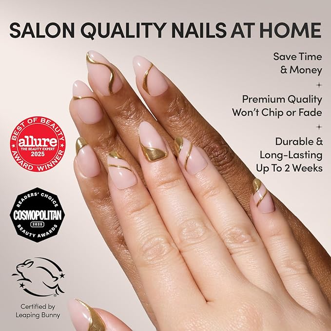Glamnetic x GLAMZILLA Press On Nails - I AM A RICH MAN? | Short Almond Nude Fake Nails with Gold Foil, Salon Quality | 15 Sizes - 30 Nail Kit with Glue