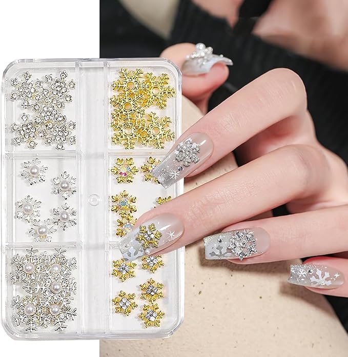 30Pcs Christmas Snowflake Nail Charms 3D Silver Gold Snowflake Nail Art Charms for Acrylic Nails, Alloy Snowflake Charms for Snowflake Nail Accessories Winter Holiday Nail Decorations Design
