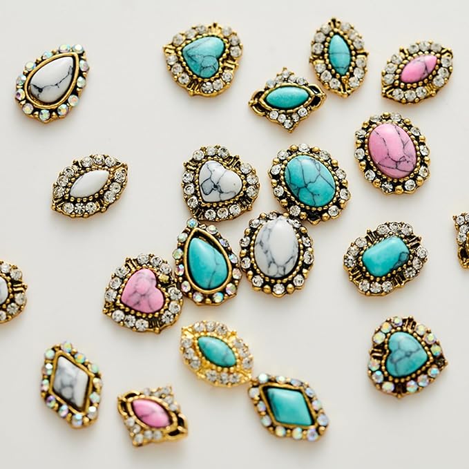 3D Turquoise Western Nail Ornament Mix Blue, White, and Pink Turquoise Charms Nail Art Gemstone Nail Art Jewelry Flower Heart Acrylic Nail Phone Case Card Women's DIY Decoration Products Home (100pcs)