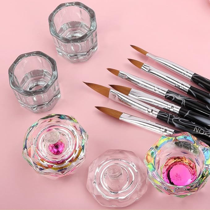 Acrylic Nail Brush Dappen Dish Set, 6PCS Nail Art Pen and 4PCS Crystal Dappen Dish, Manicure Bowl Cup Glass Container for Acrylic Liquid Nail Tool Kit (Black)
