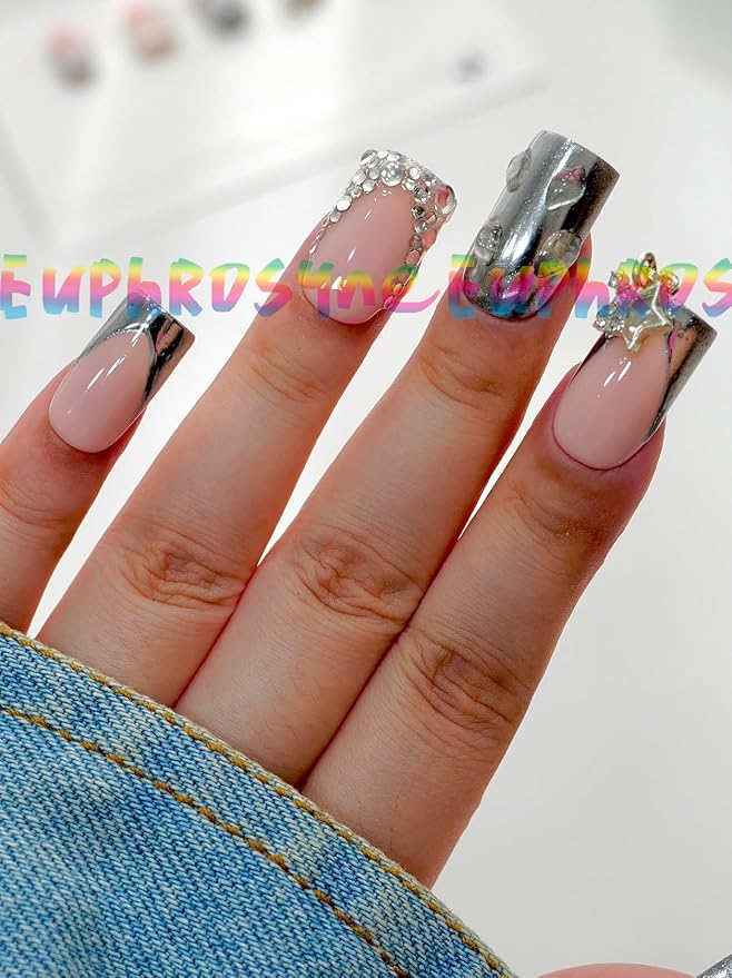 10PCS Nude Pink and Chrome Silver Press On Nails – Short Coffin Fake Nails with Rhinestones, Chain Accents & Mirror Metallic Tips, Reusable Luxury Nails for Women and Girls – Euphrosyne