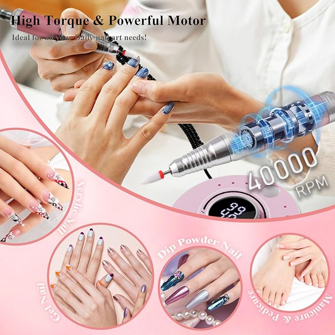 Electric Nail Drill with Brushless Motor, 40000RPM Professional Cordless Nail File for Acrylic & Gel Removal - Rechargeable Manicure & Pedicure Kit with 12 Bits for Home and Salon Use (Pink)