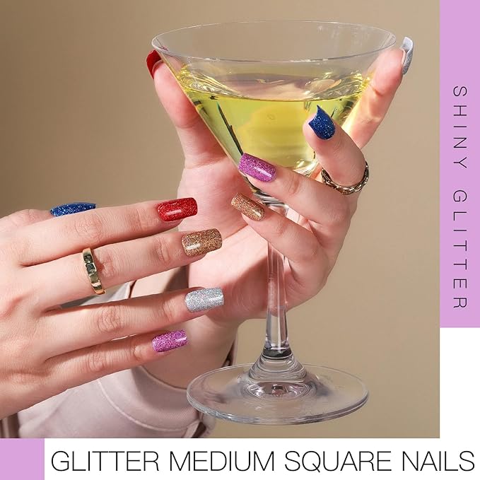 Teenitor Press on Nails Medium Square, 24Pack 576Pcs Press on Nail Kit with Glue, French Tip Nail Press ons Fake Nails for Women, Glitter Matte Glossy Stick on Nails for Nail Art Girls