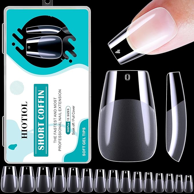 Short Coffin Nail Tips, 360Pcs Soft Gel Full Cover Nails for Soak off Nail Extensions, Half Matte Clear False Gel Nail Tips for Nail Salons and DIY Nail Art, 15 Sizes