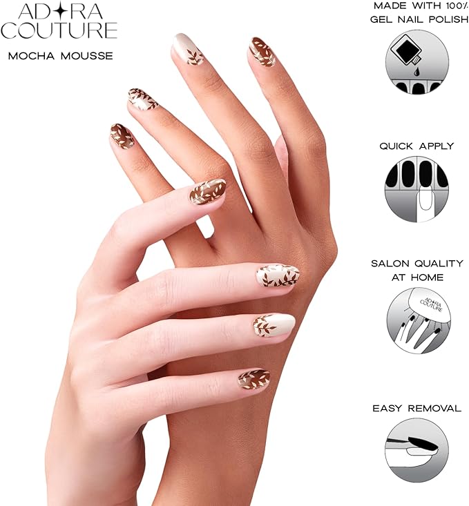 Semi Cured Gel Nail Strips with 30 Pieces - Salon Quality Manicure Kit for Women Easy Application Wraps Includes Prep Pads Nail File Wooden Stick, UV Light Required (Brown Mocha)