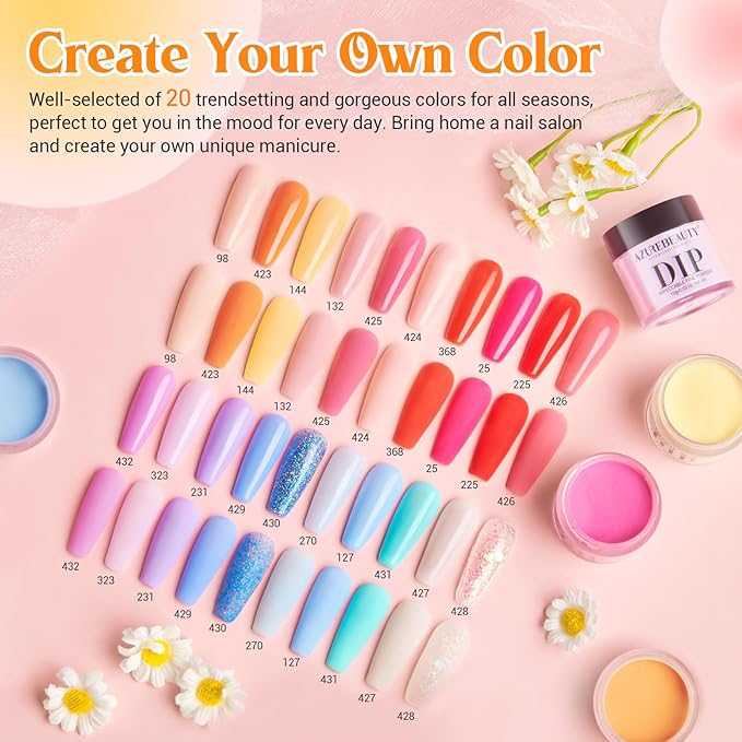AZUREBEAUTY 31Pcs Dip Powder Nail Kit Starter 20 Colors Pastel Spring Summer Pink Acrylic Dipping Powder Set with Top/Base Coat Activator & Recycling Tray for Macaron French Manicure Salon