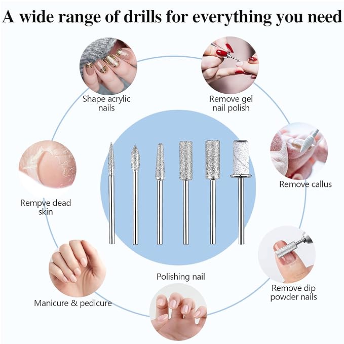 6PCS Nail Drill Replacement Heads with 56 Sand Rings, Universally Compatible with Nail Drills