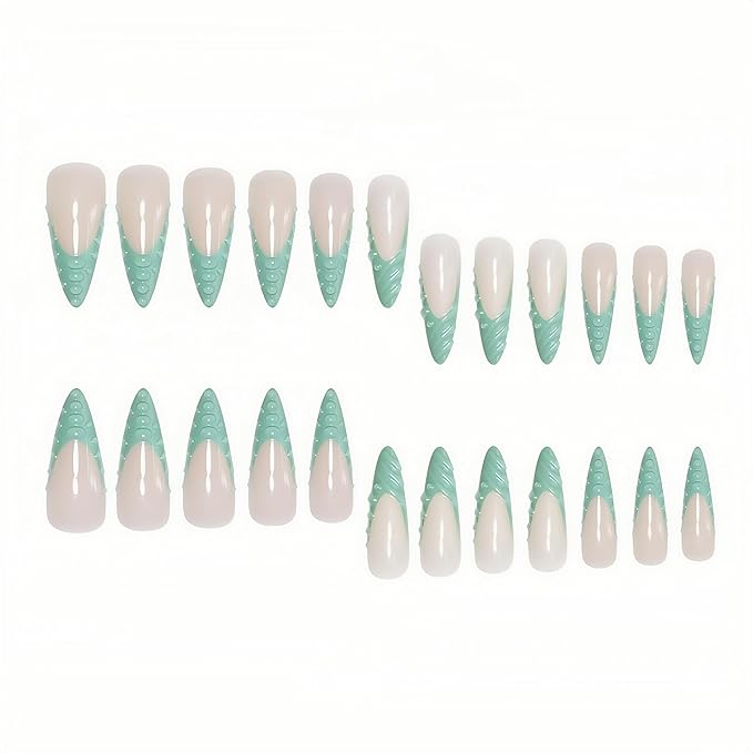 Stiletto Press on Nails Long Fake Nails Green Extra Long Glossy Acrylic Nail Press on French Tip Artificial with 3D Water Droplets Designs Stick on Nail for Women 24pcs