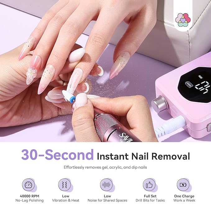 SAVILAND 2026 Nail Drill Professional: 40000RPM Electric Nail Drill 30S Fast Removal for Acrylic Nails Low Noise Electric Nail File Long-Lasting Manicure Pedicure Mobile Tech & Salon (Gradient Purple)
