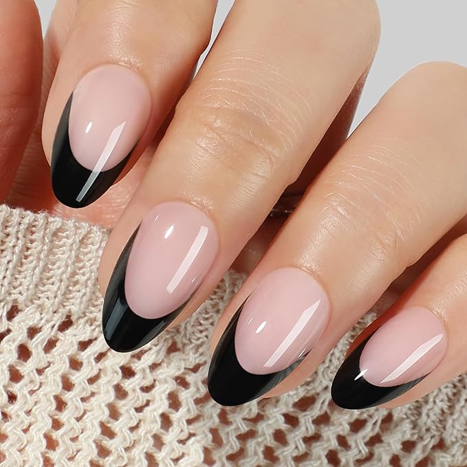UNA GELLA French Tip Press On Nails Almond: Fall Winter Black Soft Gel Press Ons Short Kit with Nail Tips Glue on Nails, 16 Sizes - 32 Reusable Fake Nails, Black French