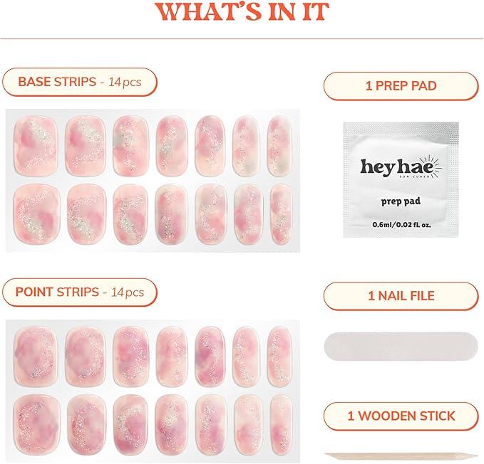 Heyhae Semi Cured Gel Nail Strips | No LED Lamp Needed | Glitter, Pink, Spring | Easy Apply & Remove, Salon Quality | Includes 28 Strips, 1 Prep Pads, Nail File & Wooden Stick - Hey, I Pink It’s Love