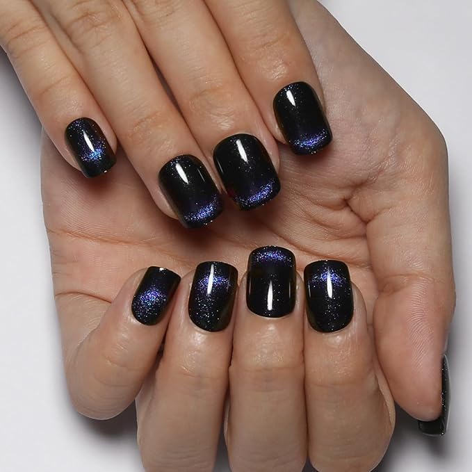 Purple Press On Nails Short Square – Light Dancer Magnetic Cat Eye Nails with Shimmering Motion Curve, Glossy Gel Finish, Reusable Glue On Fake Nails for Women, Amethyst Waltz