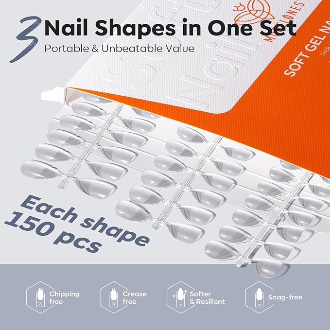 Modelones Medium & Short & Extra Short Almond Nail Tips - Multi-type 3 Styles Set Gel Tips Half Matte Full Cover Clear Acrylic Gel Kit Fake Nails for Extension DIY Salon 450Pcs 15Sizes