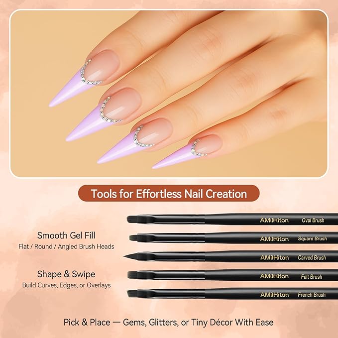 8PCS Nail Art Brush Set for Gel & Acrylic – French Tip, Flat, Oval & Carved Liner Brushes with Dotting Tools, Professional Builder Poly Gel Nail Design Kit