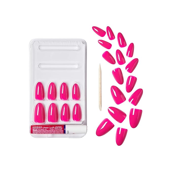 GoldFinger 24 Pcs Press On Nails, Medium Almond Fake Nails, Hot Pink Gel Stick On Extensions, Reusable DIY Full Cover False Nail Kit with Glue, Manicure Stick & File, 7 Day Durable & Long Lasting Wear