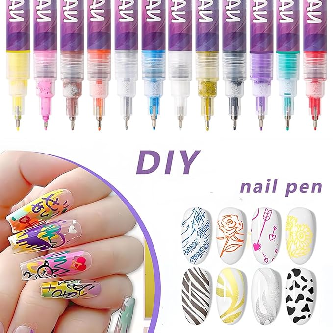 12 Colors Nail Art Pens Set With 500PCS Nail Form,New Nail Art Markers Polish Pen for Women Everyone, Nail Art Tools for Dotting Drawing Painting Point Liner DIY (1 set)