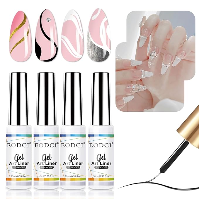 Nail Art Liner Set 4 Pcs Black White Gold Silver Colors Paint Swirl Built Thin Brush in Bottle Soak off Led Lamp Gel Liner Nail Polish Manicure Set