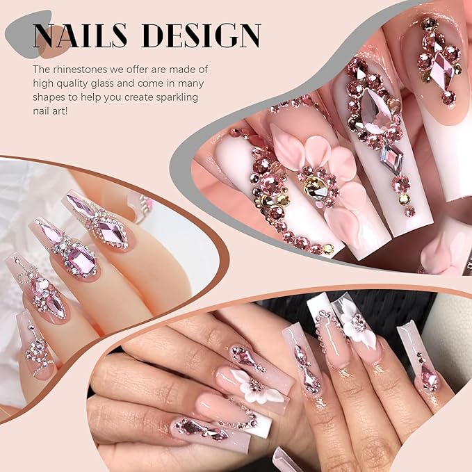 1680Pcs Pink Glass Nail Rhinestones 180Pcs Multi Shapes Flatback Nail Gems + 1500Pcs 1.5-4mm Round Crystal, Manicure Nail Charms Diamond Gemstones for Acrylic Nails Decoration
