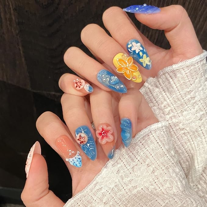 Summer Press on Nails Medium Almond Flower Fake Nails Muti-Layer Gel False Nail with 3D Jellyfish Starfish Design Glitter Handmade Press on Nails Stars Pearl Embossed Acrylic Nail for Women (Size M)