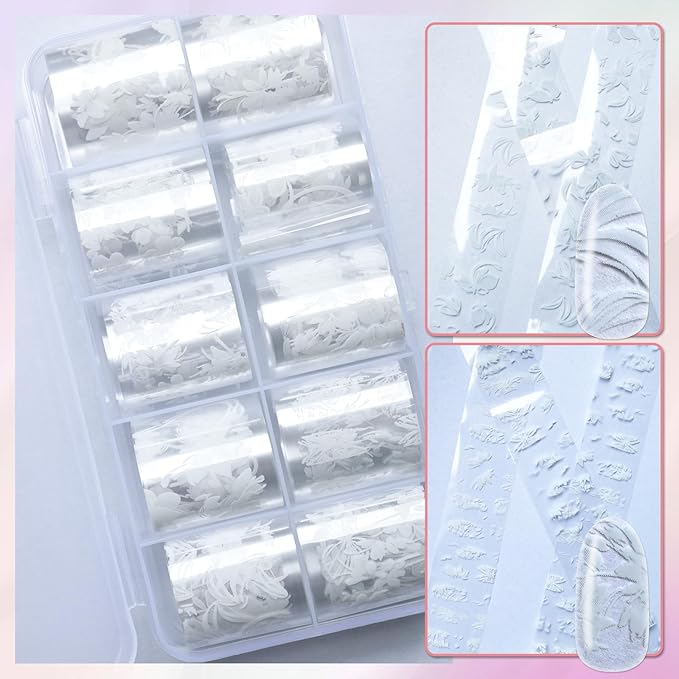 LoveOurHome 30 Sheet White Flower Tranfer Nail Foils Sticker Decorations, Floral Nail Tranfer Foil Stickers Marble Nails Stickers Decals Metallic Fingernail Tip Foil Sheet Gel Acrylic Nails Accessory
