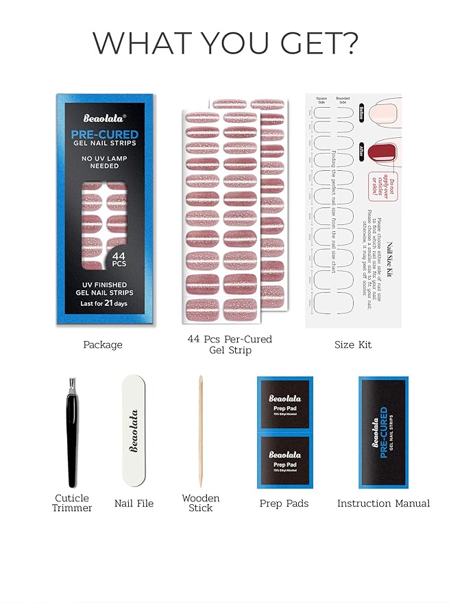 Pre Cured Gel Nail Strips - 44PCS Salon Quality Gel Nail Stickers - Long Lasting Polish Wraps for Women no UV Light Needed Easy Apply & Remove (Starry Pink Sky