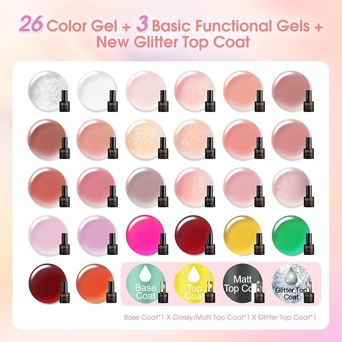 ROSALIND 30pcs Jelly Gel Polish Set, 26 Colors Translucent Nude Pink Neon Gel Nail Polish Set with Sheer Matte Glossy Glitter Effects for Nails with Base Gel Top Coat Salon DIY Home