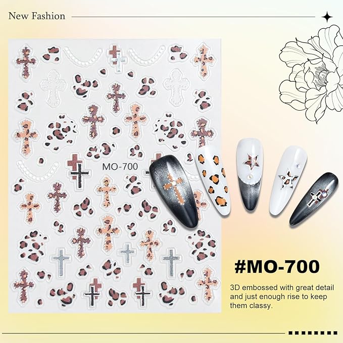 6 Sheets Leopard Print Cross Nail Stickers for Nail Art, Coquette Nail Decals,Leopard Flower Star Heart Butterfly 3D Self-Adhesive Nail Art Stickers Design for Women DIY Manicure Decoration YX1228