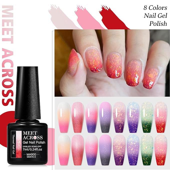 MEET ACROSS 8 Colors Color Changing Gel Nail Polish Set Glitter Pink Purple Temperature Mood Changed Gel Polish Kit Soak Off UV/LED Nail Art Manicure Gifts for Women Girls
