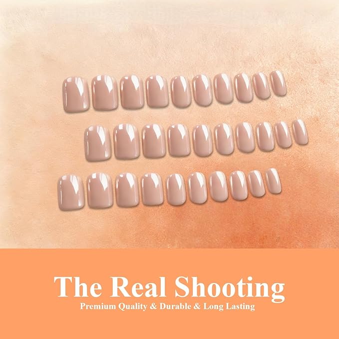 Chrome Natural Nude Press on Nails Short Square, Glazed Short Fake Nails with Sparkle Mirror Design, Shiny Glitter Glue on Nails with Glue, Cute Gel Nail Press ons for Fingernail 30 Pcs