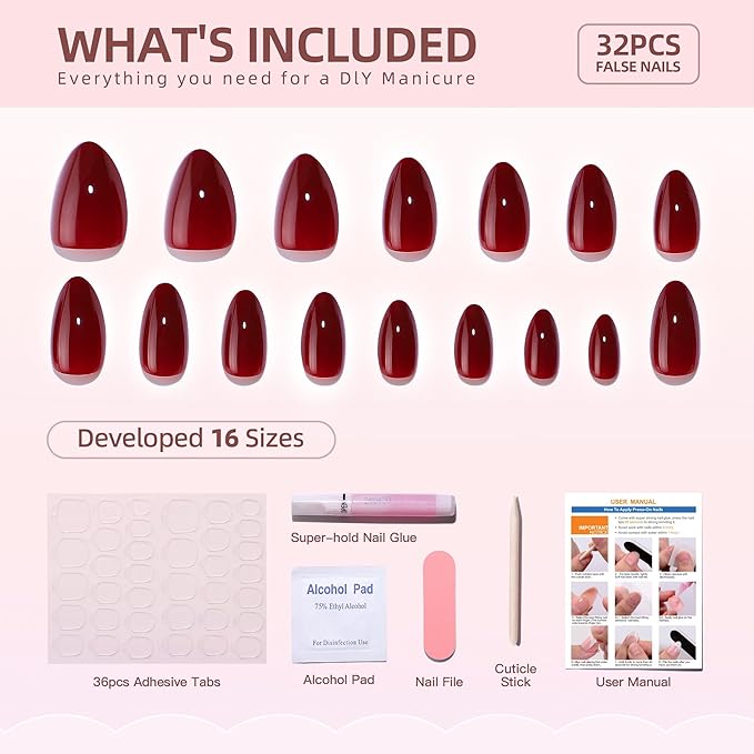 RTKHFZE Press On Nails Short - Soft Gel Press on Nails Short Almond Nails Red Fake Nails with Nails Glue,Fit Perfectly,Reusable Stick on Nails in 16 Sizes - 32Pcs False Nails Kit, Grape
