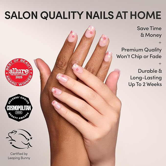 Valentines Day Glamnetic Press On Nails - Pretty Bloom | Glossy, Semi-Transparent Short Squoval Nails with Flower Accents, Salon Quality | 15 Sizes - 30 Nail Kit with Glue